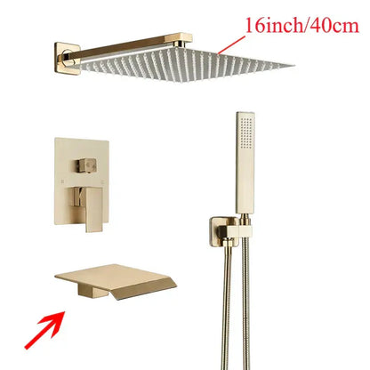 Gold-toned square showerhead with modern design 16 inch for decorbites black wall mounted shower system bathroom fixture