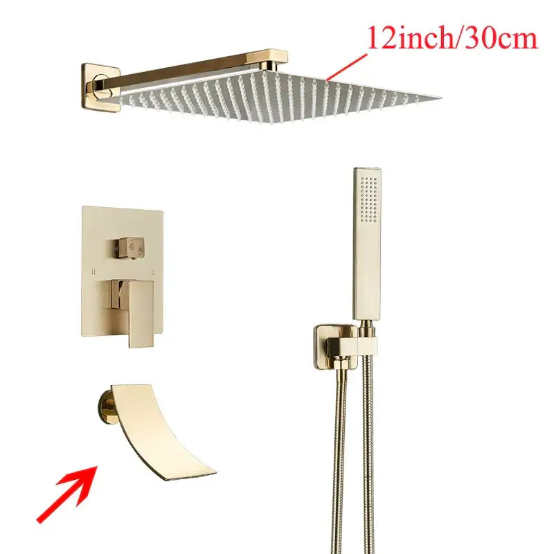 Gold-toned 12-inch square rain showerhead with a sleek modern design for decorbites black wall mounted shower system