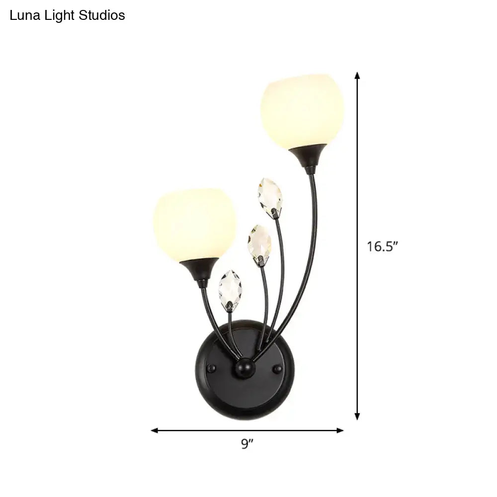 Modern black wall sconce light with frosted glass shades and crystal accents for elegant living room wall lamp