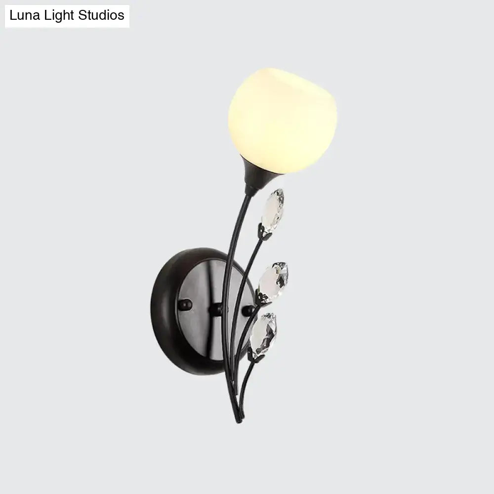 Modern black wrought iron wall sconce light with frosted glass globe and crystal accents for living room wall lamp