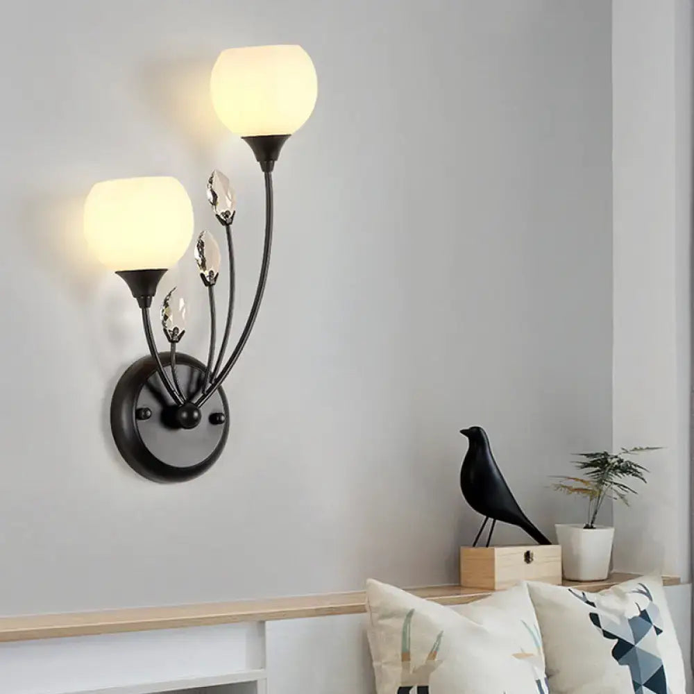 Modern black wall sconce light with frosted glass globes and crystal accents for living room wall lamp lighting