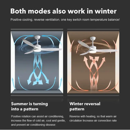 White ceiling fan with three blades and central motor for dual-season use in modern black walnut grain design with led light