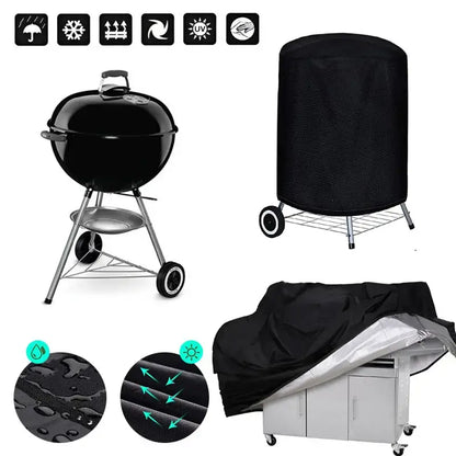 Modern black waterproof bbq grill cover with reinforced seams and reflective lining for outdoor kitchen protection