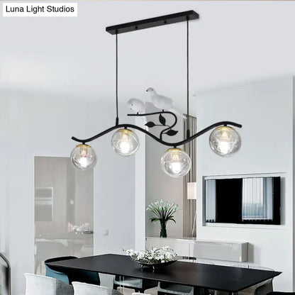 Decorbites™ minimalist black wrought iron hanging lamp with three smoke gray clear glass globes and bird deco bulb included
