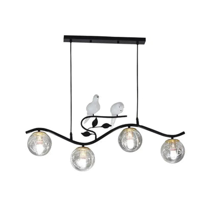 Black wrought iron hanging lamp with three smoke gray clear glass globes and bird decor with bulb included