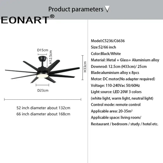 Modern black and white 8-blade ceiling fan with remote control led light metal glass and aluminum alloy for bedroom