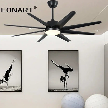 Modern black and white 8-blade ceiling fan with sleek eonart blades, led light, and remote control for bedroom use