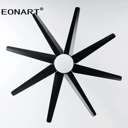Modern black and white 8-blade ceiling fan with remote control and led light featuring sleek blades and a central hub