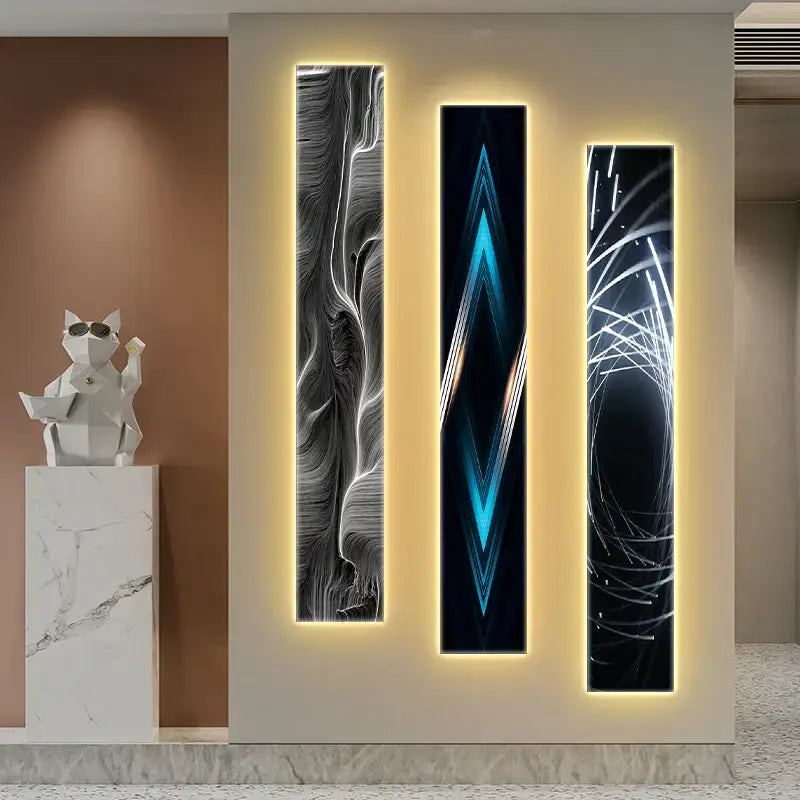 Modern black and white abstract led wall lamp featuring three vertical led-lit panels with decorbites abstract led design