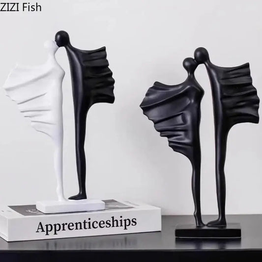 Modern black and white abstract lovers resin sculpture with flowing drapery forms for living room decorbites abstract lovers