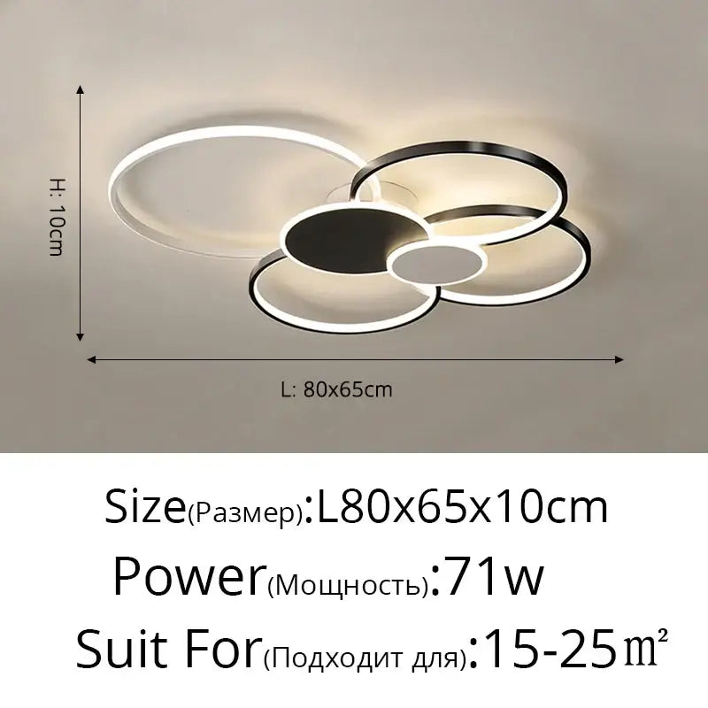 Modern black and white acrylic chandelier light with interlocking circular rings and sleek led design for living room
