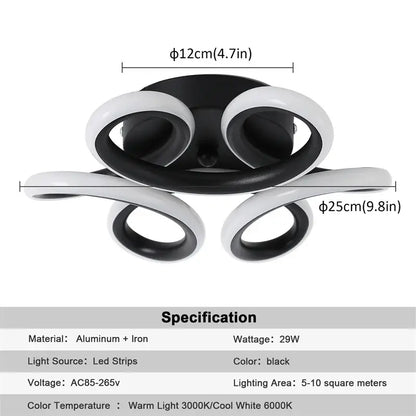 Modern black and white acrylic led ceiling light with curved aluminum and iron arms for bedroom decorbites acrylic led decor