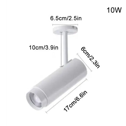White cylindrical track lighting fixture with 10w power rating and decorbites adjustable beam for modern office decor