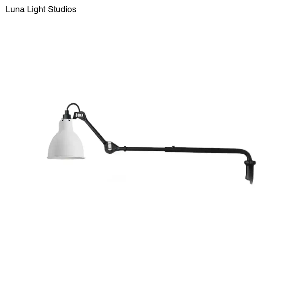 Modern black and white articulated bedroom wall lamp with white bell-shaped shade and direct wired electric power source