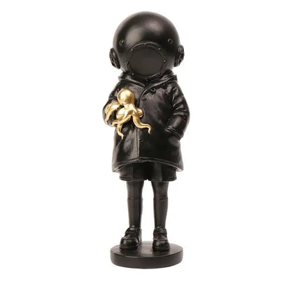 Modern black resin diver sculpture ornament of child in vintage diving helmet and coat holding golden octopus for office decor