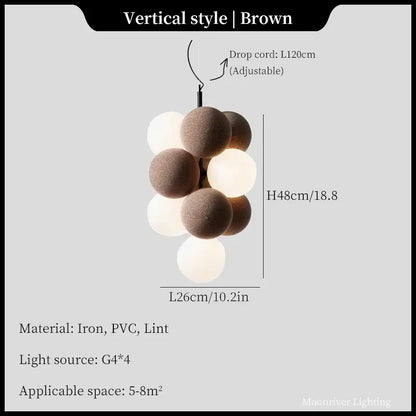 Brown vertical pendant light with matte spherical bulbs made of iron pvc and lint in modern ball led ceiling chandelier