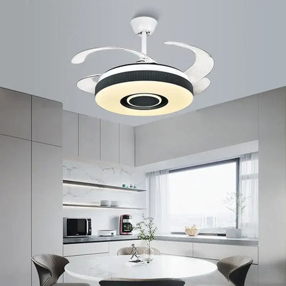 Modern black and white ceiling fan chandelier with integrated led lighting and sleek curved blades for living room use