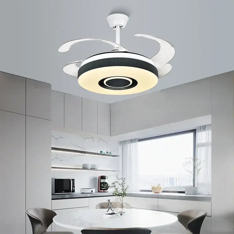 Modern black and white ceiling fan chandelier with integrated led lighting and sleek curved blades for living room use