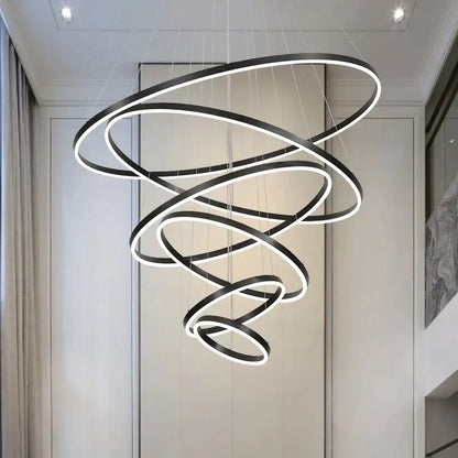 Modern black and white spiral pendant light with sleek interlocking rings for decorbites circle ring art chandelier use