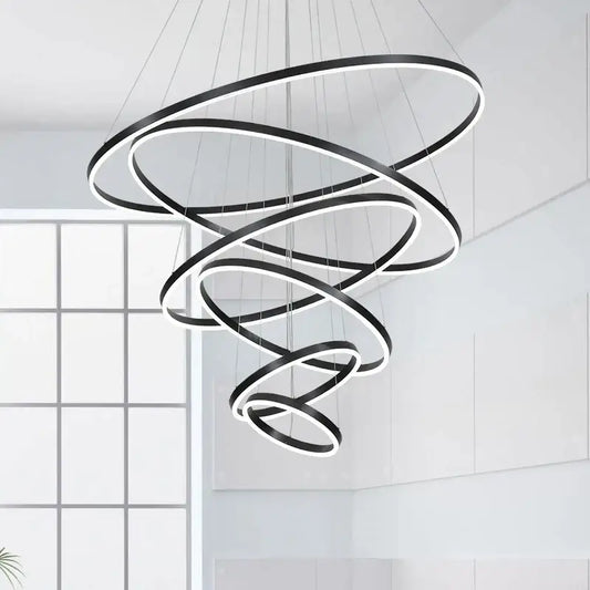 Modern black and white circle ring art chandelier with sleek interlocking rings for staircase lighting decorbites circle ring