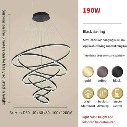 Modern black six-ring led ring art chandelier with spiral design and adjustable wire for decorbites circle ring lighting