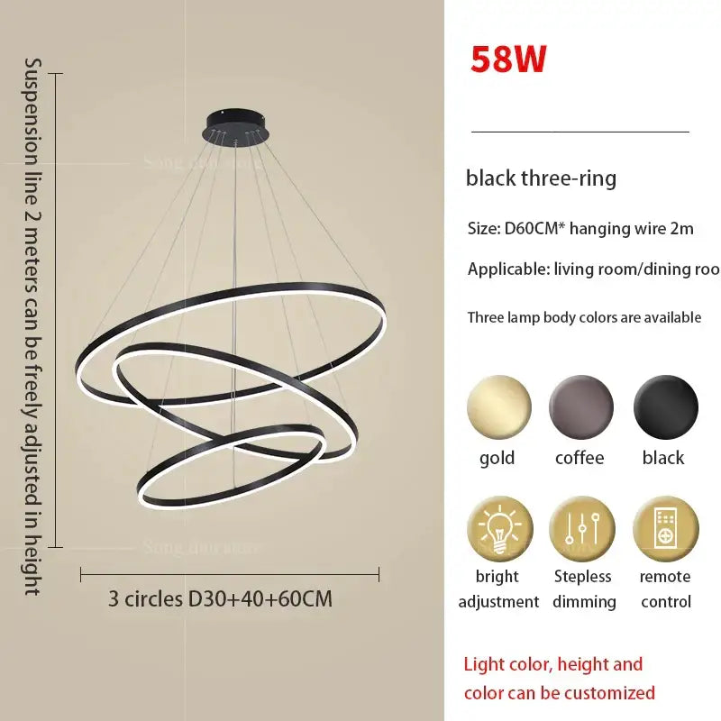 Modern black and white circle ring art chandelier with black three-ring led design and adjustable hanging wire decorbites circle ring