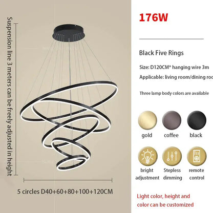 Modern black five-ring led ring art chandelier with sleek spiraling circular rings and adjustable hanging wires decorbites circle ring