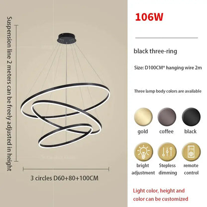 Modern black and white circle ring art chandelier with three-ring led design and adjustable suspension lines decorbites circle ring