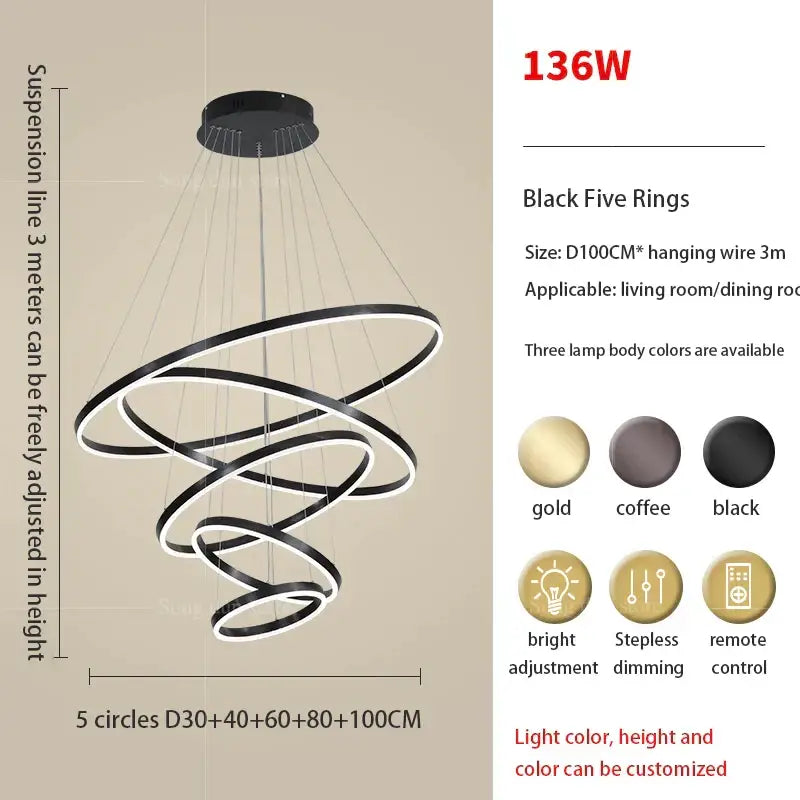 Modern black decorbites circle ring art chandelier with five rings and adjustable suspension height for staircases