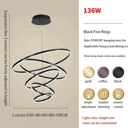 Modern black decorbites circle ring art chandelier with five rings and adjustable suspension height for staircases