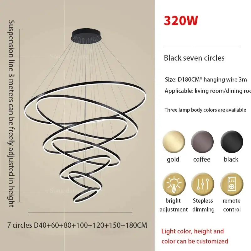 Modern black seven-circle spiral led decorbites circle ring chandelier with adjustable suspension and customizable color lighting