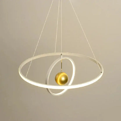 Modern black and white circular iron ball pendant light with interlocking rings and central golden sphere for living room decorbites circular iron