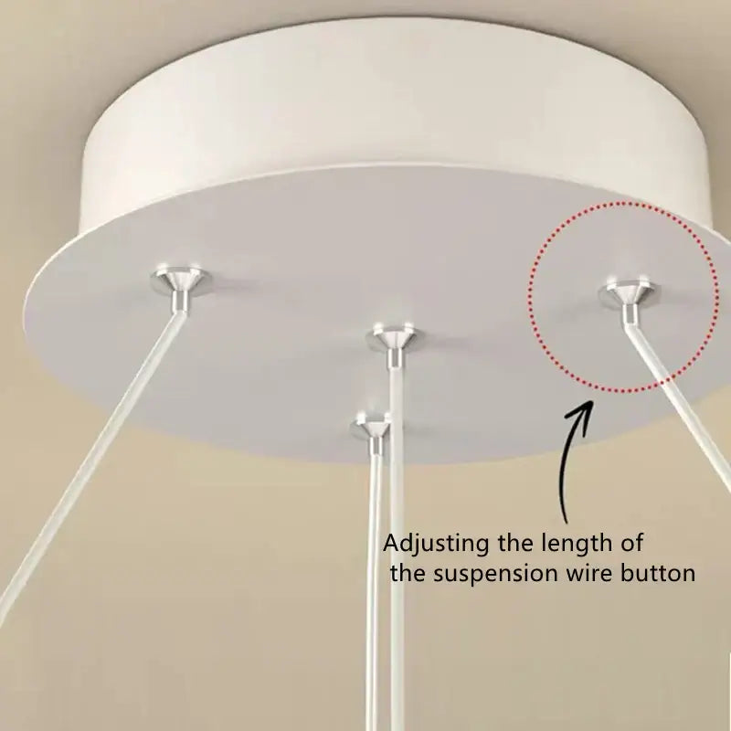 Modern black and white circular iron ball pendant light fixture with three clear suspension wires and metallic adjustment buttons