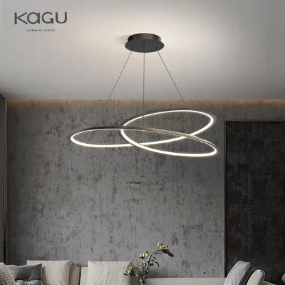 Modern black white chandelier featuring two interlocking illuminated rings for living room decorbites circular black design