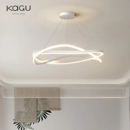 Modern black and white circular pendant ceiling lamp with sleek white kagu intertwined ring LED design for living room