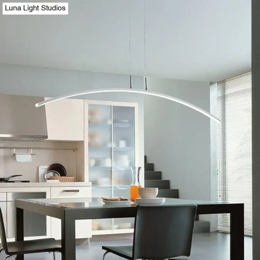 Modern arched pendant light with black white curved metallic design and led bulb base for warm white lighting