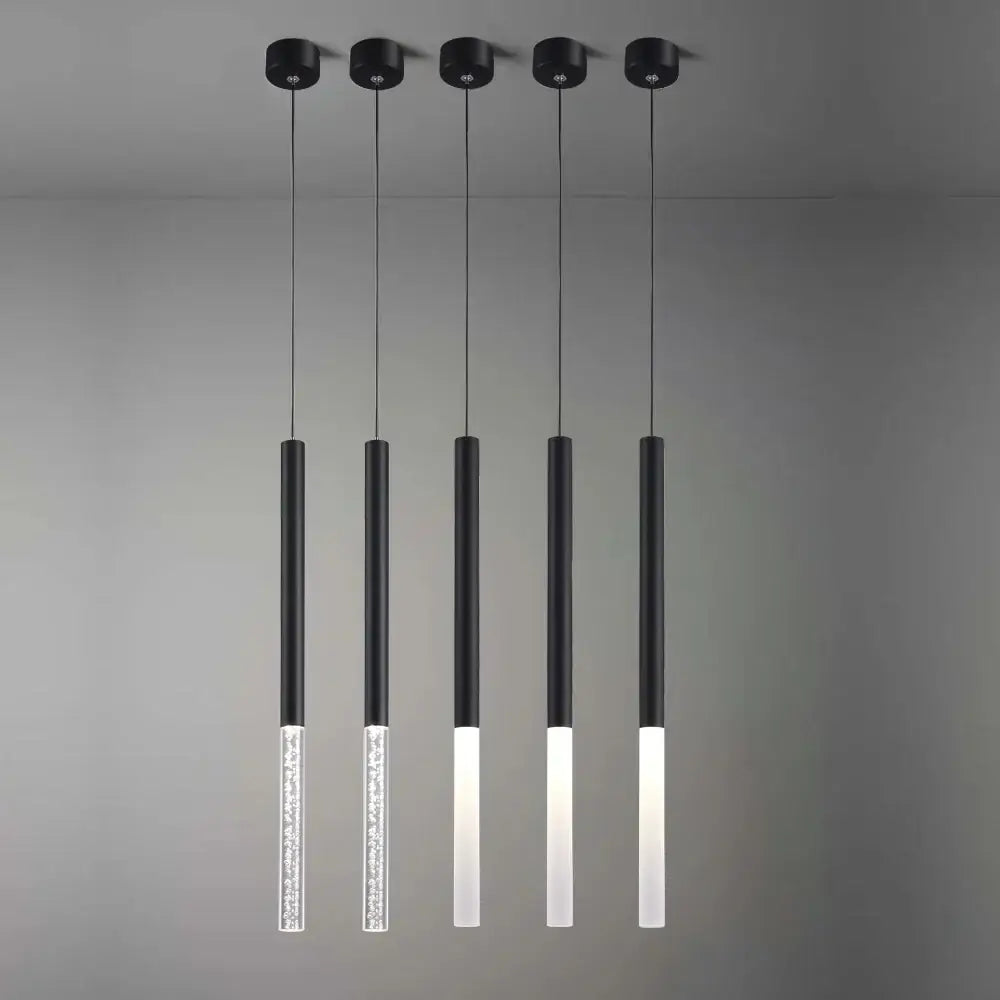 Set of five modern black and white cylinder led pendant lights with frosted glass and crystal decorbites cylinder led design
