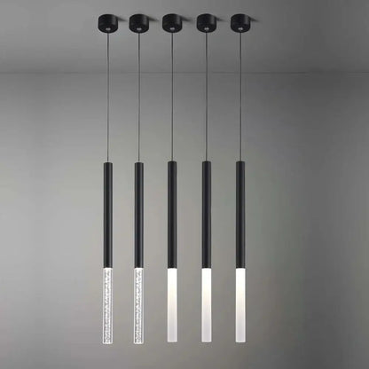Set of five modern black and white cylinder led pendant lights with frosted glass and crystal decorbites cylinder led design