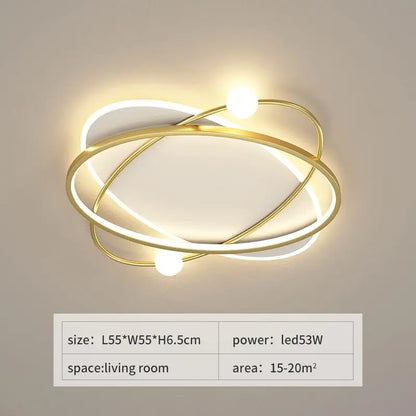 Modern gold-toned decorbites led ceiling light with intertwined rings and spherical bulbs for living room use