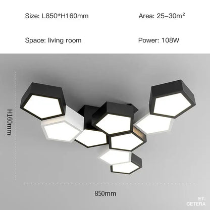 Modern black white diamond led chandelier featuring a black hexagonal ceiling light with white illuminated panels for decorbites black white style