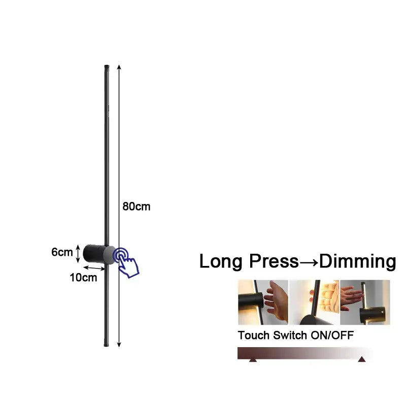 Modern black wall lights with a sleek vertical rod and cylindrical touch switch for decorbites dimmable led bedroom sconce
