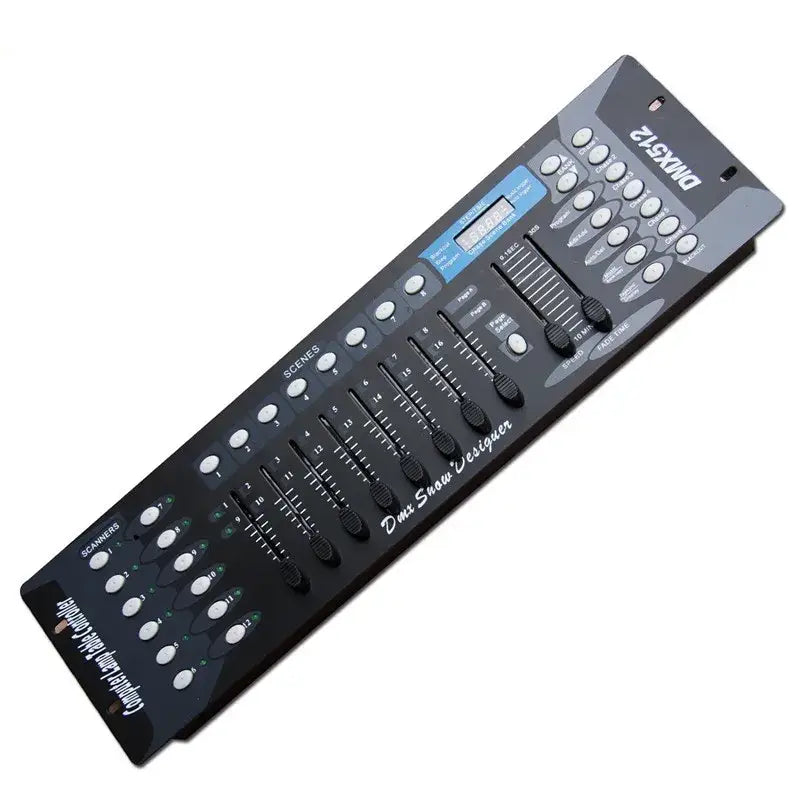 Modern black and white dmx controller stage light with sliders buttons and digital display for party room design