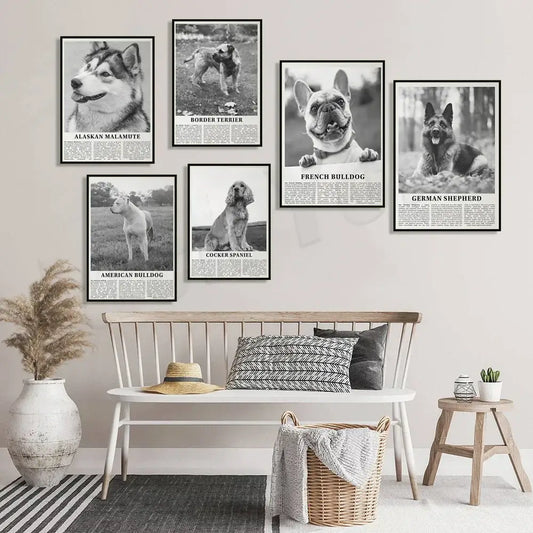 Set of six modern black and white dog breeds poster prints featuring alaskan malamute french bulldog and german shepherd