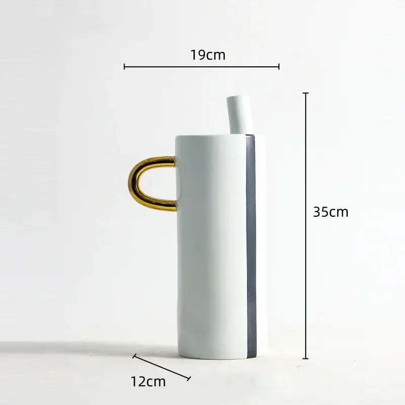 A sleek white ceramic vase with gold handle and vertical gray stripe featuring white dots geometric design for decor