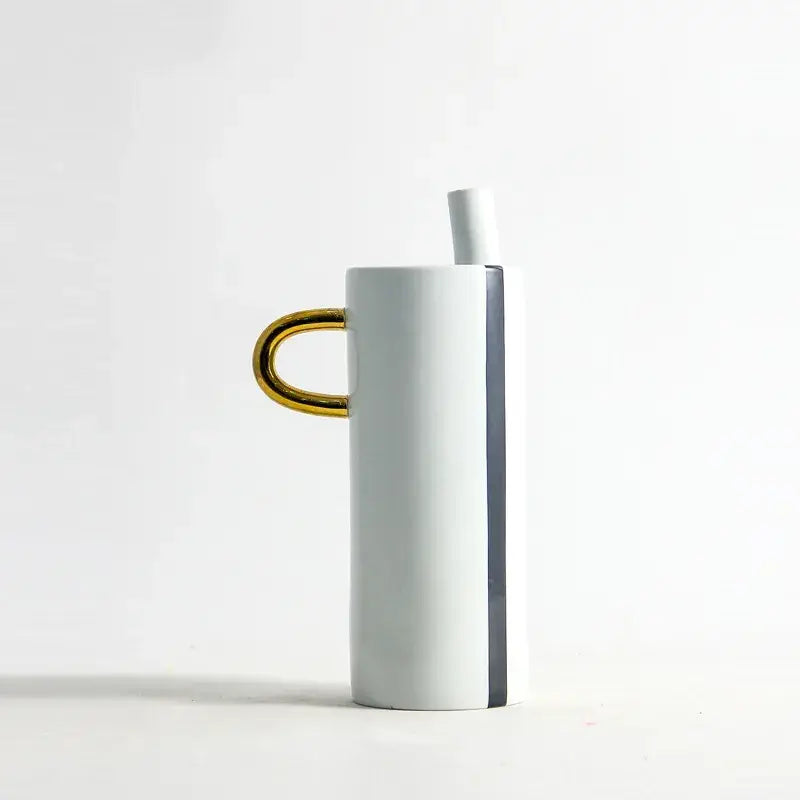 White ceramic mug with gold handle and vertical charcoal stripe with matching lid for modern black and white dots geometric decor