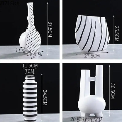 White ceramic elegant striped vases with bold black diagonal stripes and modern sculptural designs for living room decorbites decor