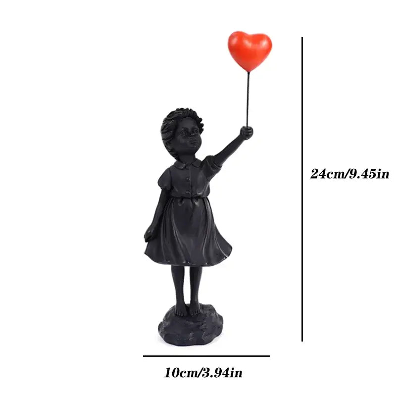 Black resin figurine of girl in dress holding red love balloon for modern decorbites flying love balloon decor
