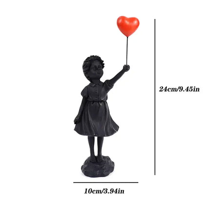Black resin figurine of girl in dress holding red love balloon for modern decorbites flying love balloon decor