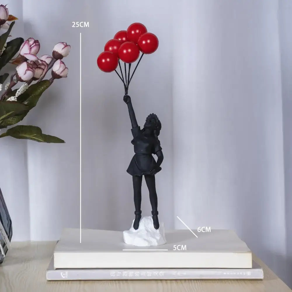 Black resin love balloon girl figurine holding red balloons modern decorbites flying love balloon sculpture