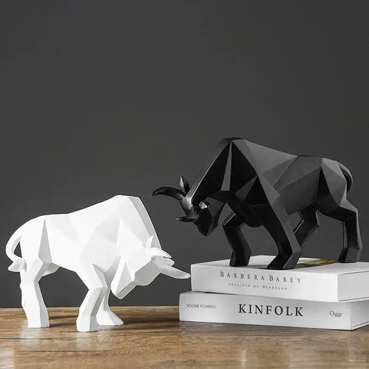 Modern black and white geometric bull sculpture with angular faceted design for living room decor by decorbites geometric bull